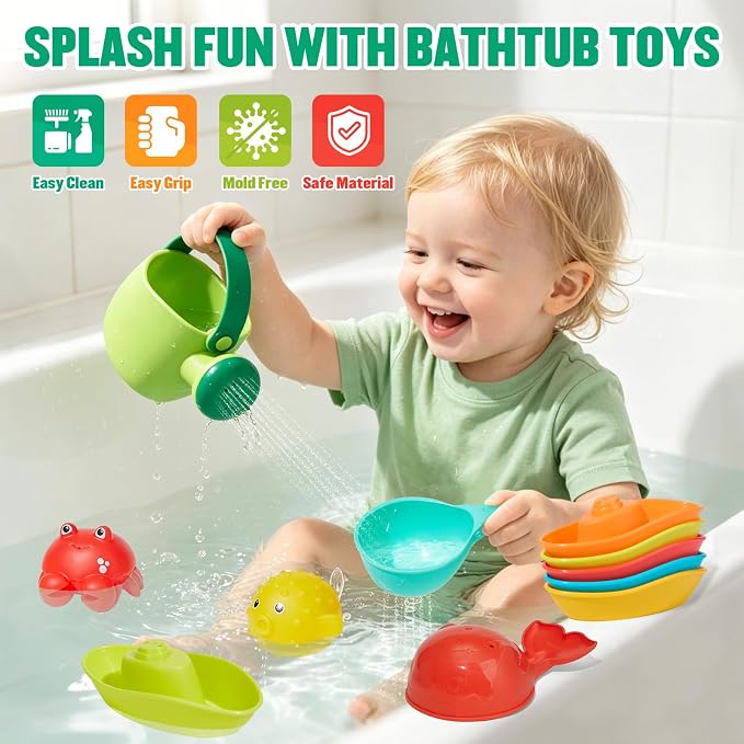 16PCS Baby Bath Toys for Kids Ages 1-3, Mold Free No Hole Bath Toy Set, Easy Clean Bathtub Pool Water Table Toys for 1 2 3 Year Old, Floating Boats Bucket Watering Can Bath Toys for Babies 12+ Months