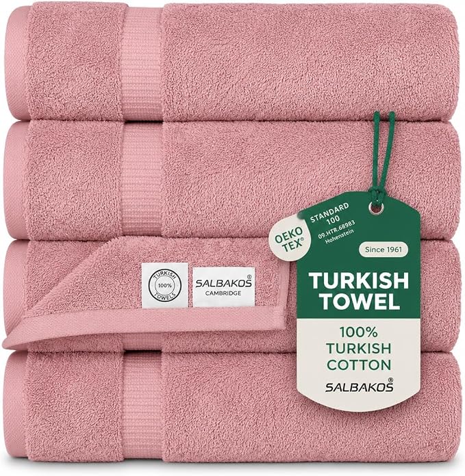 SALBAKOS 100% Turkish Cotton Bath Towel Set of 4 27x54 inch | Heirloom Quality | Hotel & Spa Collection | Ultra Soft, Super Absorbent, Long Lasting Bath Towels | Made in Turkey (Rose, 4 Bath Towels)