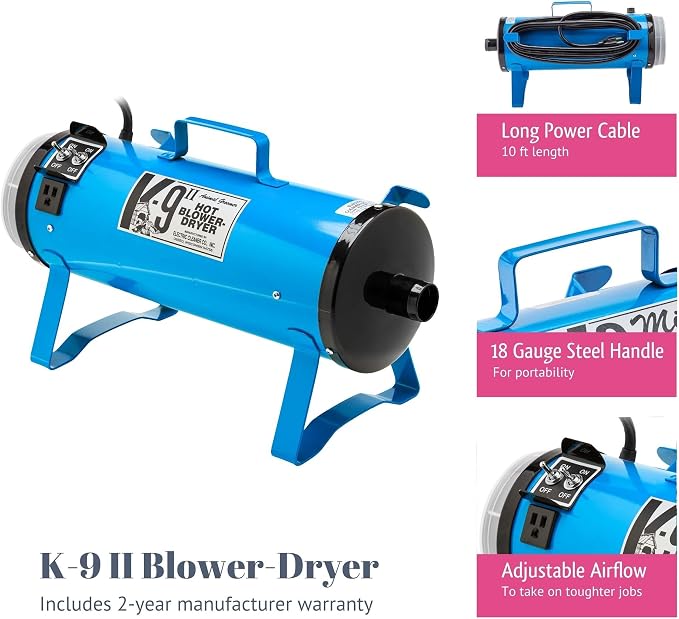 Electric Cleaner Company K9 II Dog Blow Dryer - High Power Grooming Dryer, Heavy Duty, 10' Hose, Deshedding, Yellow