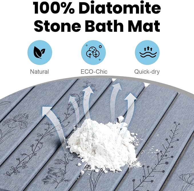 Foldable Stone Bath Mat - 24x16, Super Absorbent Diatomaceous Earth Large Bath Mats for Bathroom, Quick Dry Non-Slip Stone Drying Mats for Kitchen Counter & Bathtub (Dark Gray Floral Decor)