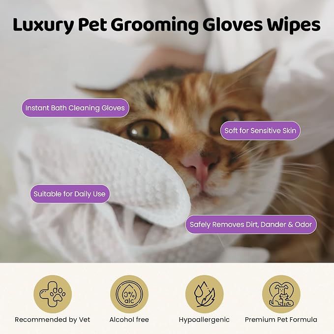 Premium Pet Grooming Glove Wipes for Dogs & Cats, 3X Thick No-Rinse Bathing Gloves, Hypoallergenic Deodorizing Paw & Body Cleaner, Grooms Hydrates & Nourishes, 20 Count, Lavender Scent
