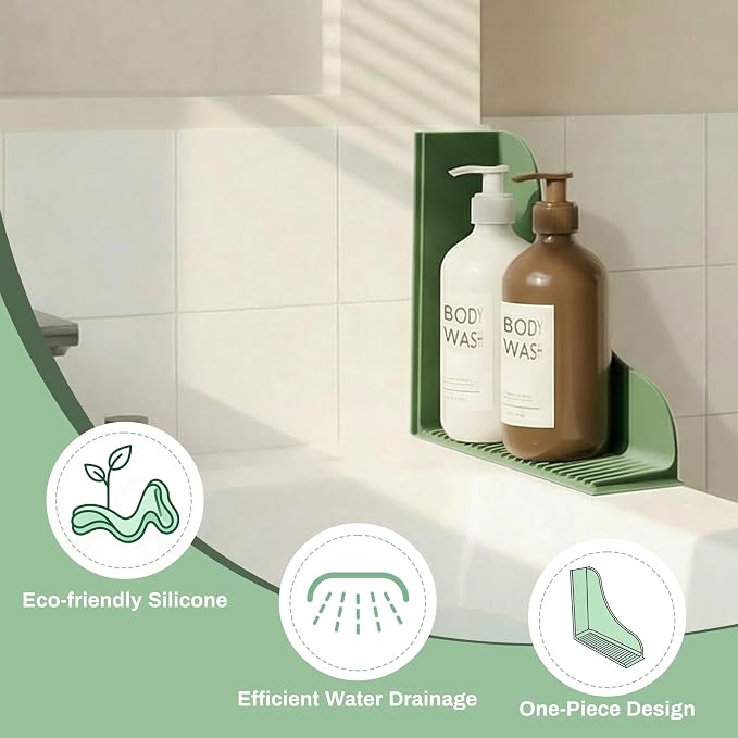 Roslim 2-Pack All-Silicone Shower Splash Guard, Bath Tub Corner Water Blocker with Strong Suction Cups, Reusable & No Sticky Adhesive, for a Secure Seal & Easy Removal, One-Piece Design, Olive Green