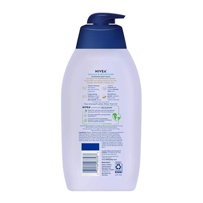 NIVEA Pampering Coconut and Almond Milk Body Wash with Nourishing Serum,Moisturizing Body Wash for Women,Enriched with Provitamin B5 and Vitamin E,20 Fl Oz Bottle,(Pack of 6)