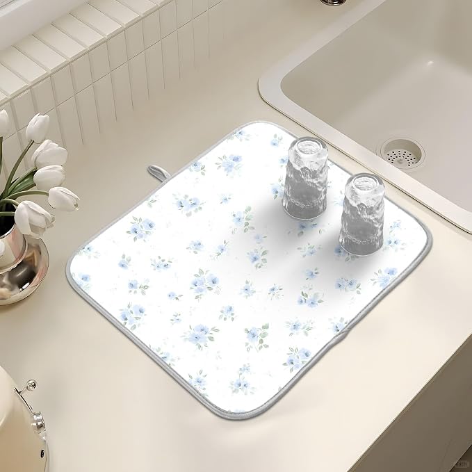 Blue Small Floral Dish Drying Mat, Absorbent Drainer Mats for Kitchen Counter Coffee Maker 24"x18"