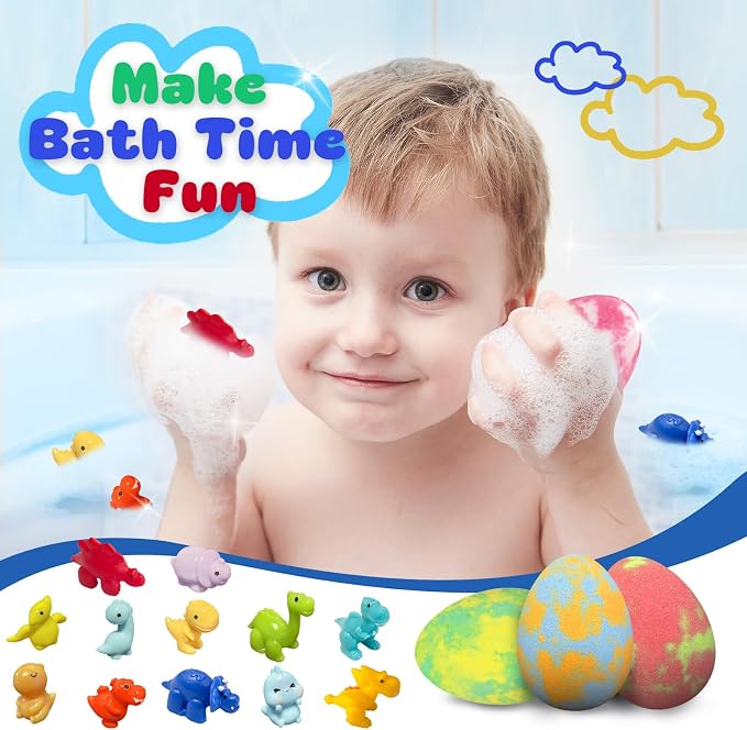 Bath Bombs for Kids with Surprise Toys Inside, 12 Pack Dinosaur Bath Bombs with Dino Toy & Suction Cup Bath Toys, Birthdays Gifts for Boys Girls, Colorful Bubble Bath Fizzy Ball for Kids Christmas