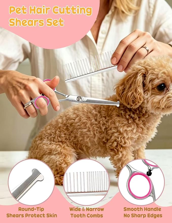Dog Brush for Shedding 10 Pcs Set, Pet Grooming Kit Tools Pet Nail Clippers Nail Files Flea Comb, Pet Undercoat Long Hair Brush Suitable for Dogs and Cats (Pink)