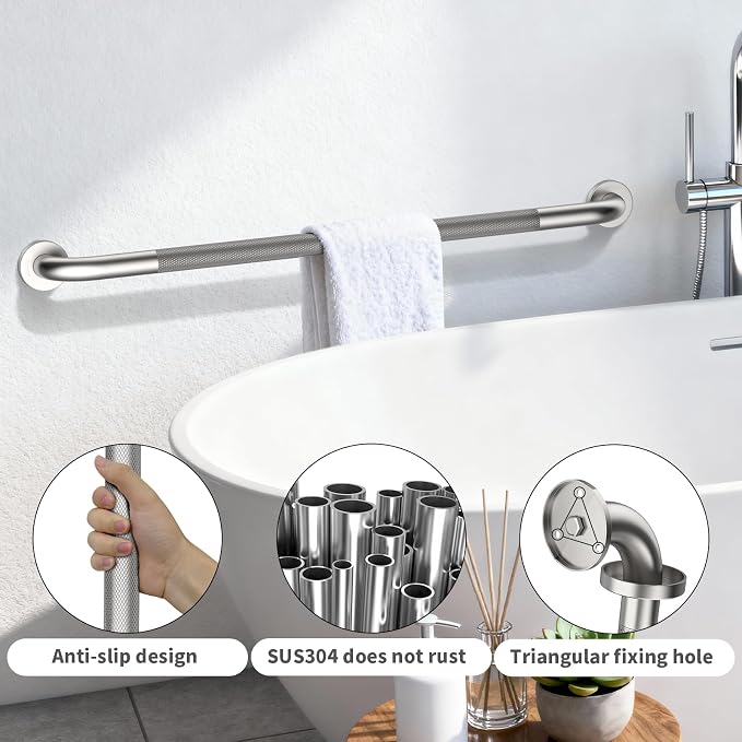 2 Pack 42 Inch Anti-Slip Grab Bar, ZUEXT Brushed Nickel Extra Long Stainless Steel Bathroom Safety Assist Handle w/Knurled Grip, Support Handrail for Bathtub, Shower, Toilet Seniors Handicap Safety