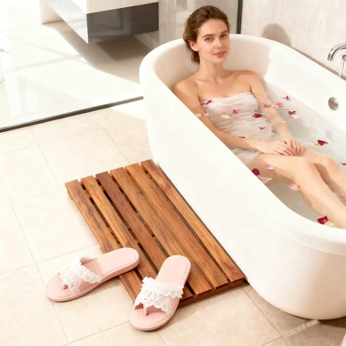 33in×43in,Large Teak Wood Shower Mat, Natural Wooden Bathroom Floor Mat, Spa-Style Fast-Drying Bathtub Tray, Easy to Clean, Suitable for Indoor or Outdoor Use