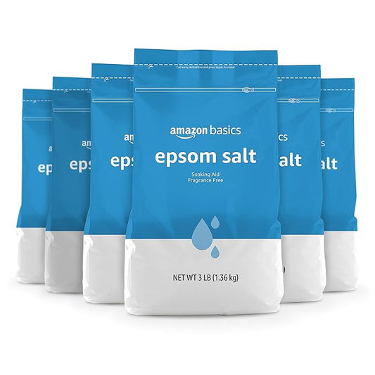 Amazon Basics Epsom Salt Soak, Fragrance Free, Magnesium Sulfate USP for Relaxation and Soothing Foot Soaking, 3 Pound Resealable Bags, 6-Pack