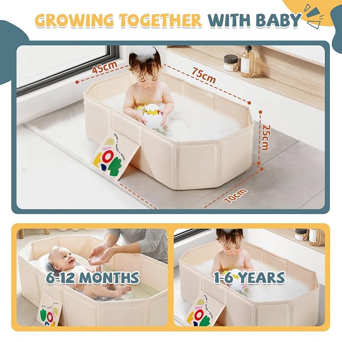 Orzbow Toddler Bathtub, Collapsible Baby Bathtub with Non-Slip Base, Portable Bath Tub for Kids Infant 12 Months+ Travel, Easy to Clean, Stable & Durable, Space-Saving, White