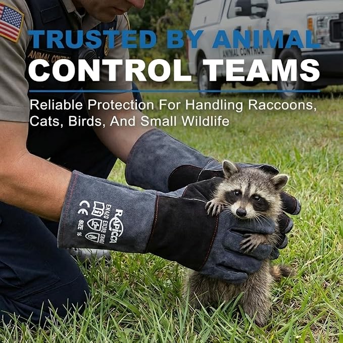 RAPICCA Animal Handling Gloves, Bite Proof Double Leather, 22 in Grey-Black | For Dog, Cat, Bird, Falconry, Snake & Reptile Handling; Vets, Groomers & Animal Control Teams