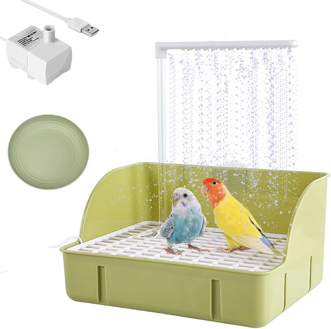 Electric Large Bird Bathtub,Parrots Bath Shower with USB Pump, Birdbath Bowl Waterfall Bird Bath for Garden,Birdcage,Indoor,Outside -Perfect for Parakeet/Cockatoo/Cockatiel/ Lovebird/Budgie (Green)