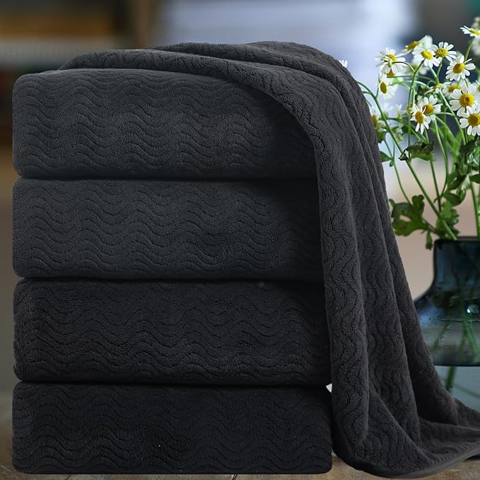 Smuge Ultra Soft Bath Towel Set of 4, Black Extra Large Textured Microfiber Luxury Towels 35x70 in, Quick Dry, Highly Absorbent, Fluffy, Oversized, for Bathroom Shower Pool Hotel Beach