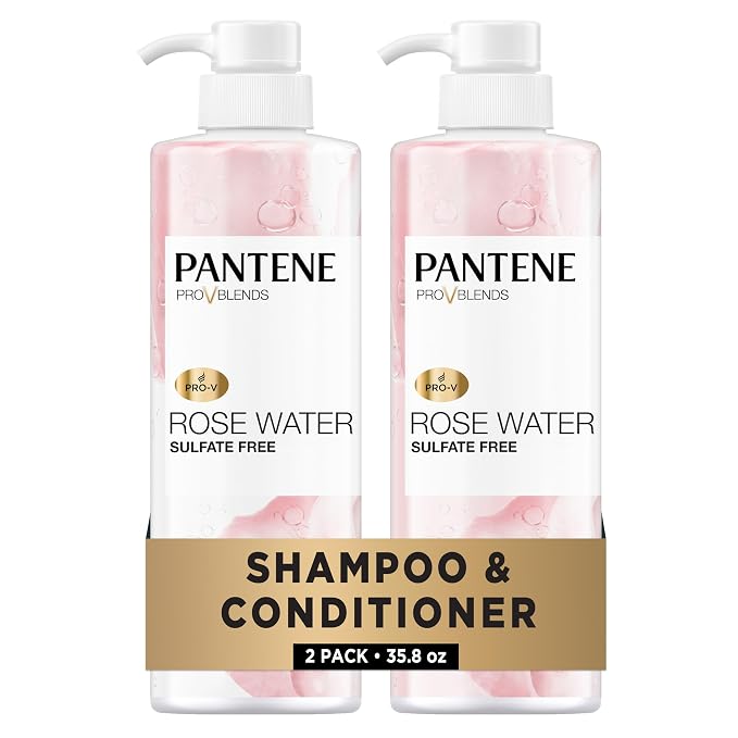 Pantene Sulfate Free Shampoo and Conditioner Set, Rose Water, Soothing and Moisturizing, Infused with Vitamin B5, for all Hair Types, Safe for Color Treated Hair, Pro-V Blend, 17.9 Fl Oz Each, 2 Pack