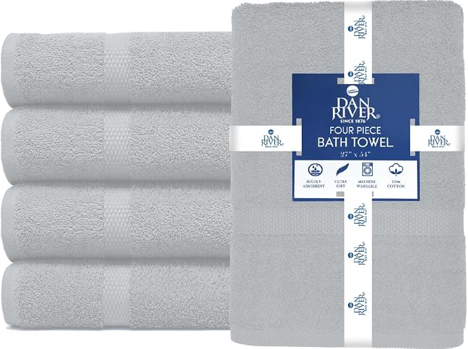 DAN RIVER Large Bath Towels Set of 4, 27 x 54 Inches, 600 GSM Larger & Lighter Weight Towels for Bathroom - Highly Absorbent & Quick Dry 100% Cotton Bath Towel Set for Home, Gym, Spa & Hotel - Silver