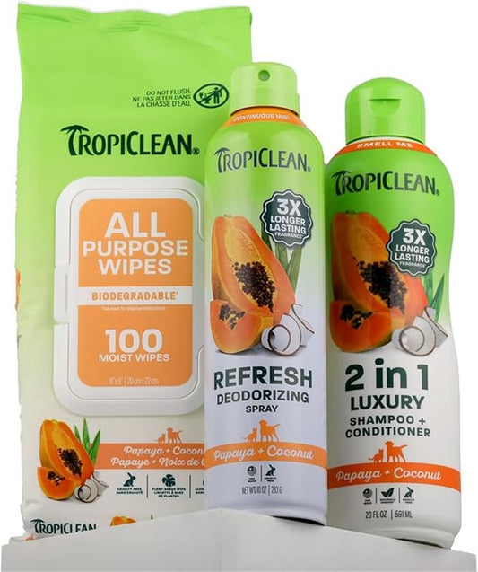 TropiClean Dog Grooming Kit, Papaya Pamper Pack (2-in-1 Dog Shampoo and Conditioner 20oz, Dog Perfume 12oz, Dog Wipes 100ct)