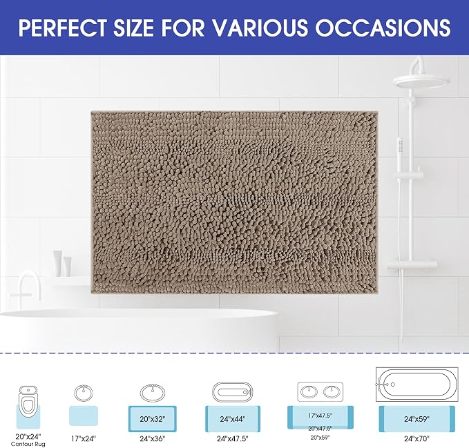 ACCUMTEK Striped Dark Beige Bathroom Rug Mat 32"x20" Ultra Soft, Non Slip Chenille Bath Rugs, Absorbent Plush Shaggy Bath Mats for Bathroom, Bedroom, Kitchen, Shower, Tub,Taupe