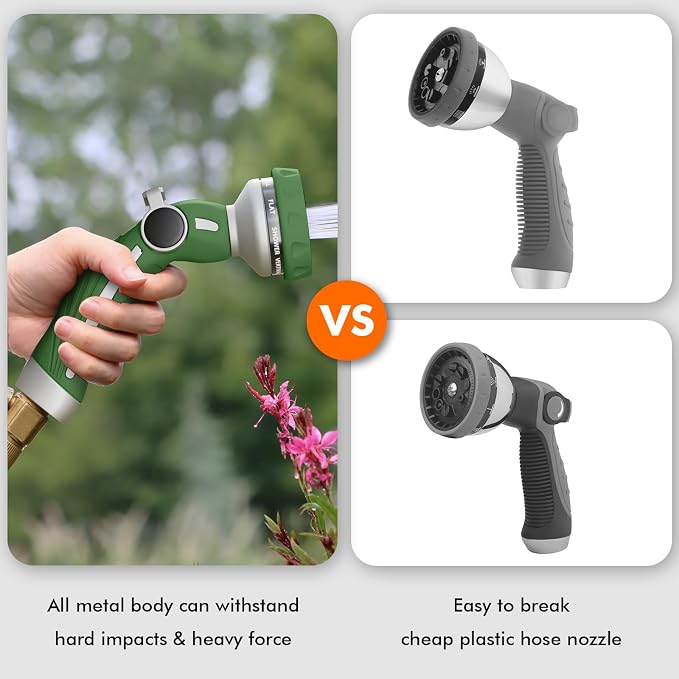 RESTMO Hose Nozzle Heavy Duty, Metal Water Hose Sprayer for Garden | 9 Spray Patterns, High Pressure, Thumb Flow Control, On/Off Valve, Ideal for Outdoor Lawn & Plant, Car & Pet, Green