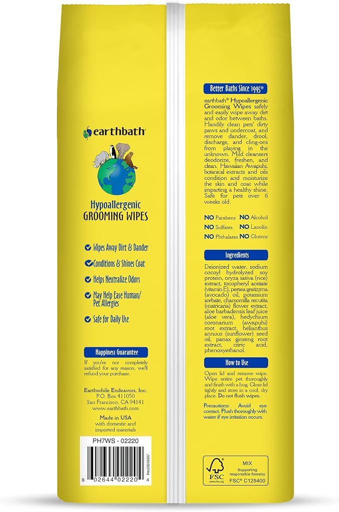 earthbath, Hypo-Allergenic Grooming Wipes - Fragrance Free Dog Wipes for Paws and Butt, Best Pet Wipes for Dogs with Sensitive Skin, Made in USA, Cruelty-Free Dog Cleaning Wipes - 100 Count (2 Pack)