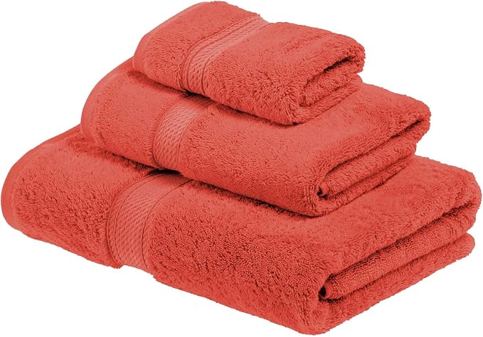 SUPERIOR Egyptian Cotton Ultra Plush & Absorbent, 3 Piece Set, Coral | Quick Dry, Soft Luxury Towel Set, Bath Essentials, Guest Bath, Spa, 1 Bath, 1 Hand, 1 Face Towels, Madeline Towels