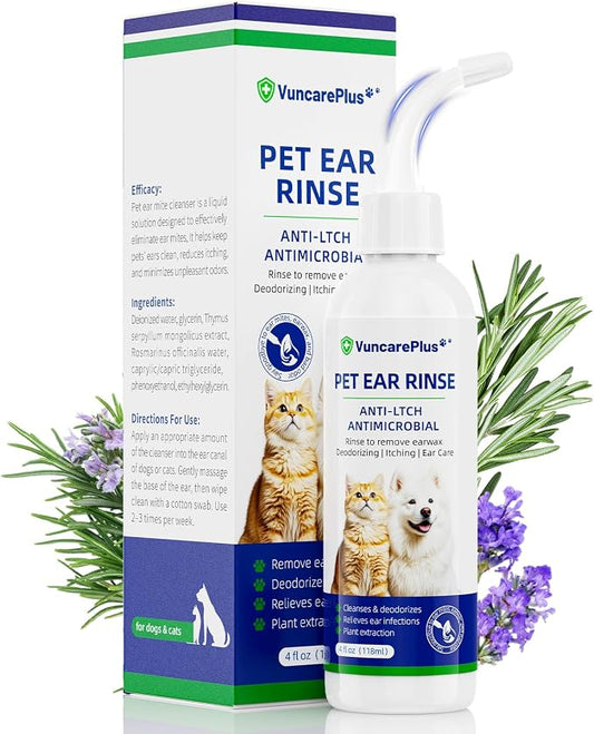 Cat & Dog Ear Cleaner Solution, Soft Nozzle Ear Treatment for Dogs & Cats, Gently Removes Ear Wax & Debris, Soothes Ear Itching & Inflammation, Deodorizing Pet Ear Wash with Thyme 4 fl oz