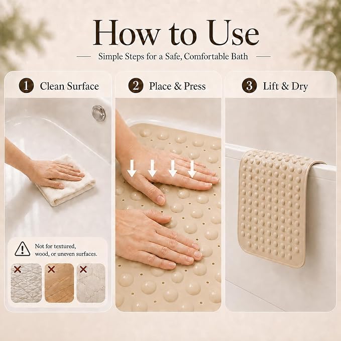 Bathtub Mat Non Slip, No Smell TPE with Suction Cups, Beige,27.5’’ x 16’’ | Soft shower bath mat with quick-drain holes and machine-washable care for clean, smooth tub surfaces; light and easy to lift.