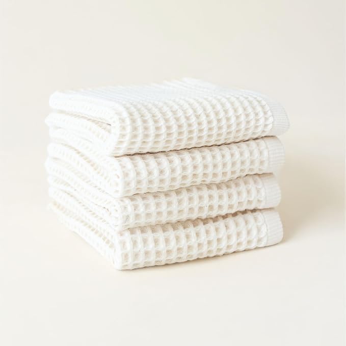 Premium Waffle Hand Towels Pack of 4 Extra Large 20x35 inch - 100% Turkish Cotton, Waffle Weave, Quick Dry, Lint Free, Super Absorbent, Thin Hand Bath Towel (White, Set of 4 Hand Towels)