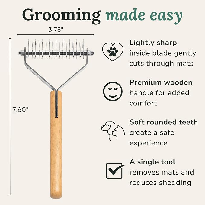 Dematting and Deshedding Comb for Dogs and Cats, 2-Sided Undercoat Rake | for medium to long coats to loosen mats and remove loose undercoat hair
