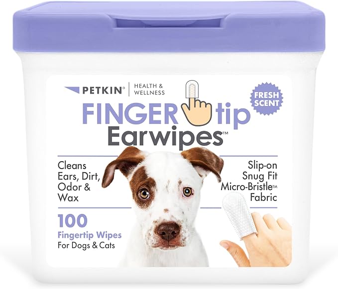 Petkin Fingertip Ear Wipes for Dogs and Cats, 100 Finger Wipes - Slip-On, Snug Fit, Micro-Bristle Fabric - Cleans Ears, Dirt, Odor and Wax - Convenient, Ideal for Home and Travel - Fresh Scent