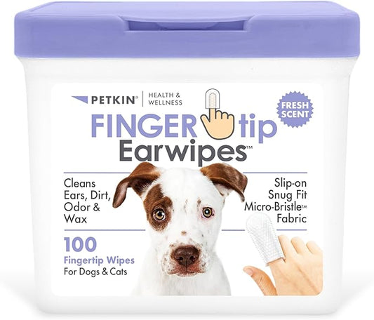 Petkin Fingertip Ear Wipes for Dogs and Cats, 100 Finger Wipes - Slip-On, Snug Fit, Micro-Bristle Fabric - Cleans Ears, Dirt, Odor and Wax - Convenient, Ideal for Home and Travel - Fresh Scent
