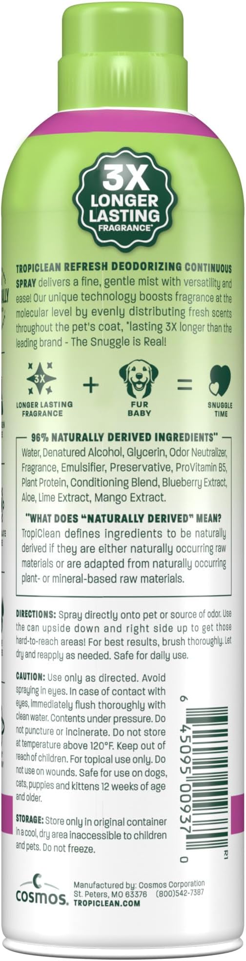 TropiClean Dog Perfume, Berry & Coconut Scented Dog Deodorizing Spray, 3X Long-Lasting Scent, After Bath Cologne & Detangling Spray, 10oz
