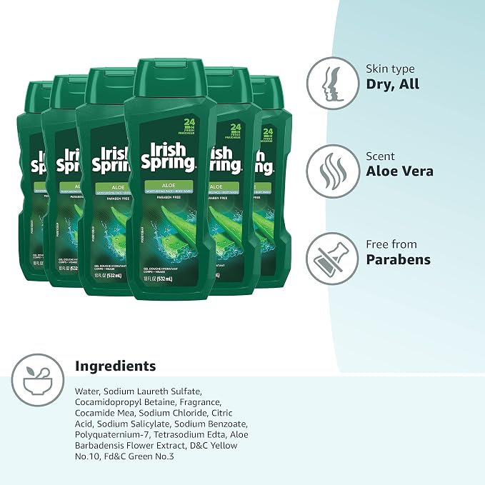 Irish Spring Men's Body Wash Shower Gel, Aloe Vera - 20 fluid ounce (Pack of 6)