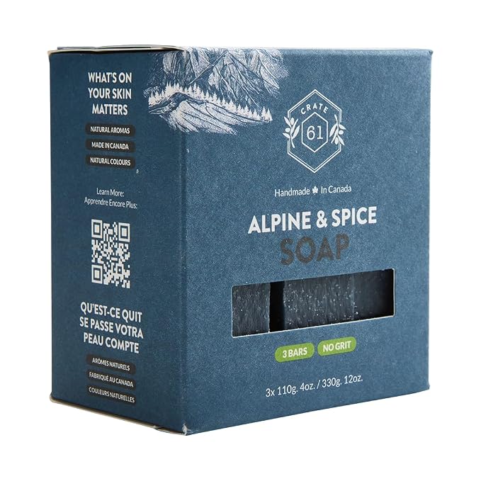 Crate 61 Organics, Handmade in Canada, Plant Based Cold Process Natural Bar Soap For Face And Body, With Premium Essential Oils, For Men And Women 3 Pack (Alpine & Spice)