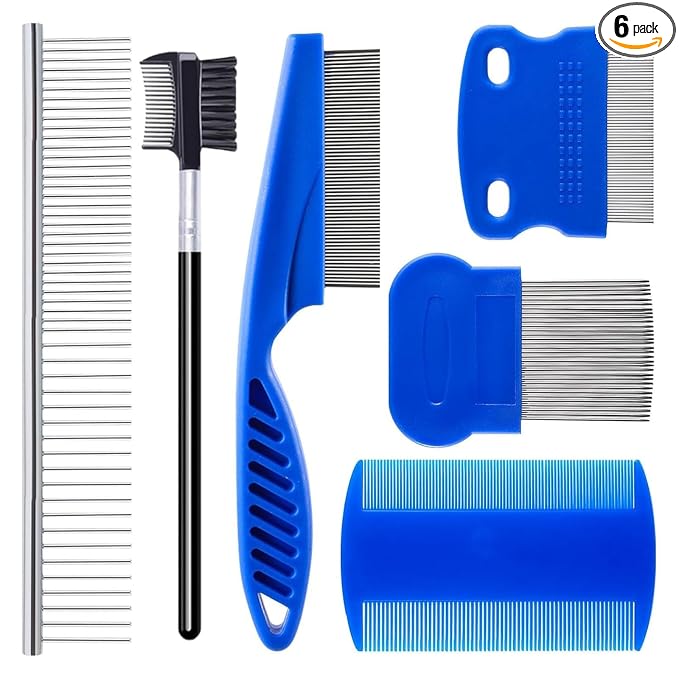 6 Pcs Flea Lice Comb for Cats Dogs, Blue | Stainless Steel, Rounded Teeth, Tear Stain Remover, Dematting Brush, Professional Pet Grooming Kit