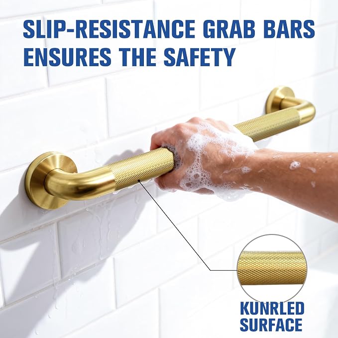 12 Inch Gold Grab Bars for Shower 2 Pack,1.25'' Diameter Heavy Duty Stainless Steel Anti-Slip Bathroom Safety Handicap Grab Bar for Shower, Bathtub & Toilet, Wall Mounted, Supports 500lbs