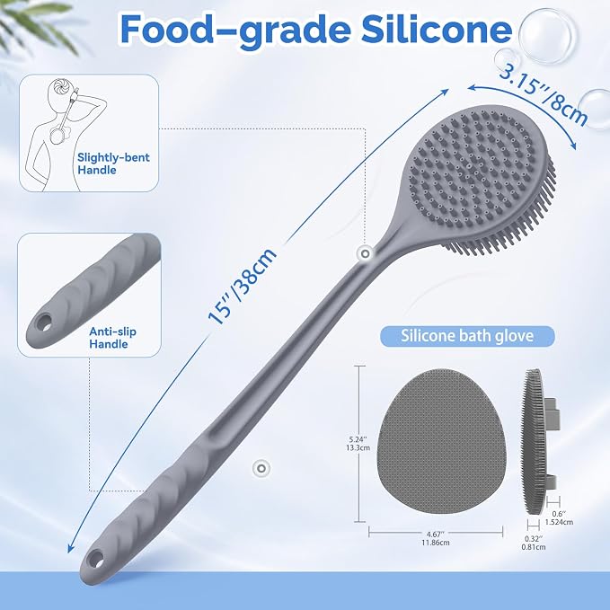 Manmihealth Silicone Back Scrubber (Thin Bristles) & Shower Face Brush Set(3PCS), Gentle-Cleaning & Exfoliating Body Scrubber, Bath Glove, Face Scrubber Combination (Gray)
