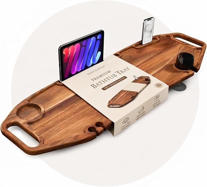 Lush & Style Premium Bathtub Tray Large 35x10 Inch, Acacia Wood Luxury, Waterproof, Non-Toxic, Adjustable Legs, No Tools Required,Caddy Tray,New Home Essenials Make sure to measure before 35 Inch Long