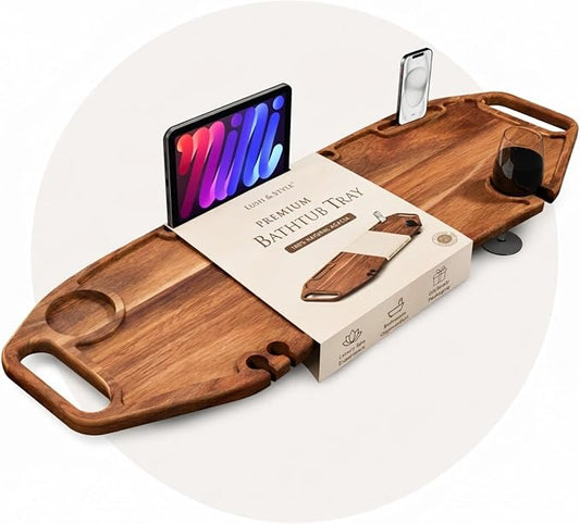 Lush & Style Premium Bathtub Tray Large 35x10 Inch, Acacia Wood Luxury, Waterproof, Non-Toxic, Adjustable Legs, No Tools Required,Caddy Tray,New Home Essenials Make sure to measure before 35 Inch Long
