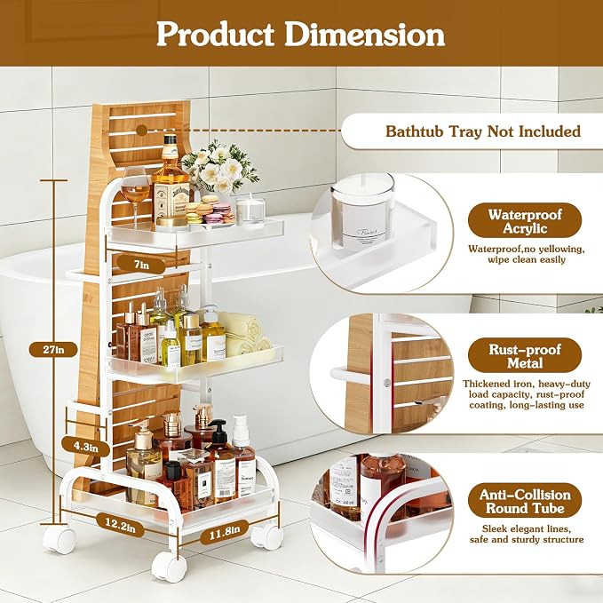 Bathroom Cart with Bathtub Tray Holder, Bathroom Organizers and Storage, Small Slim Shelf Organizer with Bath Tub Caddy Rack, 3 Tier Narrow Skinny Acrylic Rolling Cart for Laundry Room Living Room