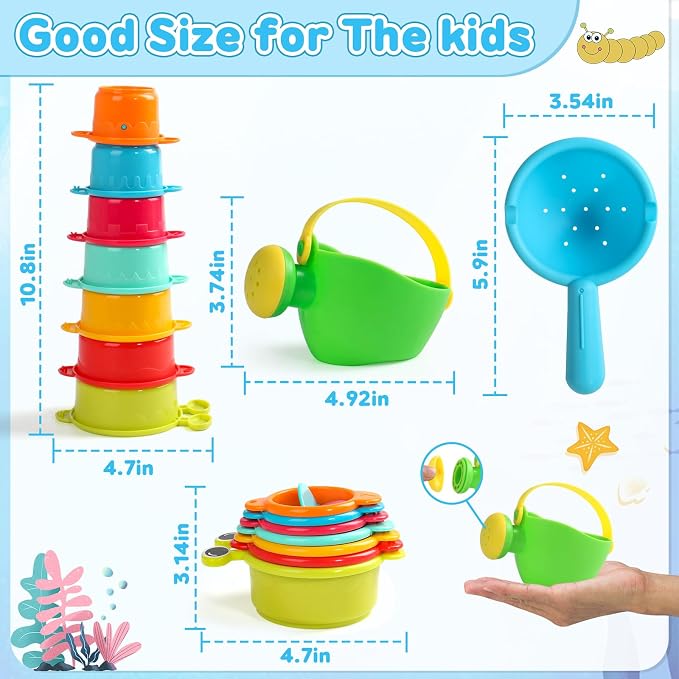Toddler Bath Toys for Kids Ages 1-3 Baby Bath Toys Beach Sand Pool Water Table Toys Mold Free Bathtub Toys for 12+ Months Stacking Cups Showerhead Spoon for 1 2 3 4 5 6 Years Old Girls Boys Gifts 9PCS