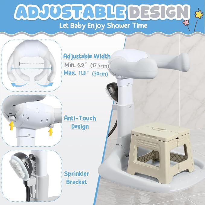 Orzbow Baby Shower Stand, Collapsible Baby Bath Stand with Foldable Chair, Adjustable Height Toddler Shower Standing Support for Infant 6-36 Months, Anti-Slip Base, Easy-Use, Gray