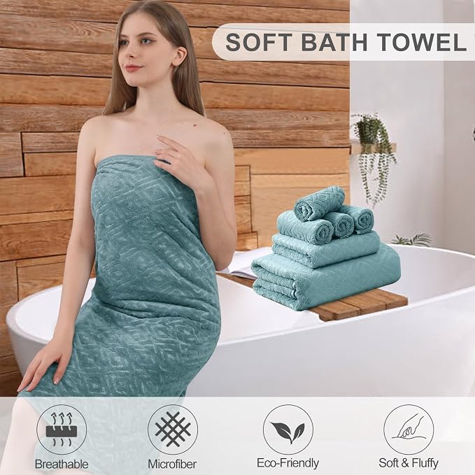 Smuge 18-Piece Bath Towel Set, Include 6 Bath Towel Sheets, 6 Hand Towels and 6 Washcloths - Highly Absorbent Quick Dry 100% Microfiber,Ultra Soft Bathroom Towel Set (Green Pine)