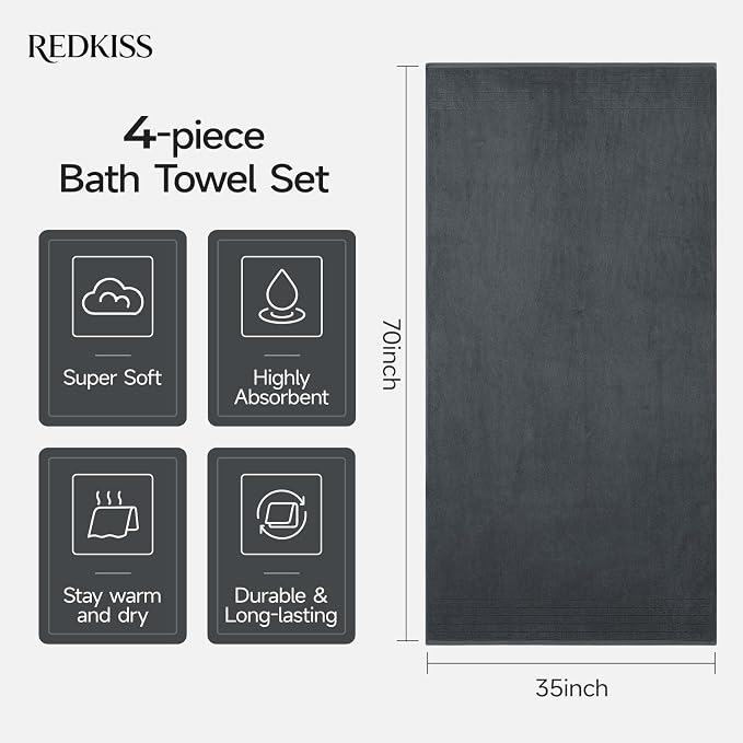 REDKISS Luxury Bath Towels Set of 4, 35x70 in, Highly Absorbent & Quick Dry, Super Soft Extra Large Premium Thick Cotton Gray Bath Sheets for Shower, Hotel, Bathroom, Spa