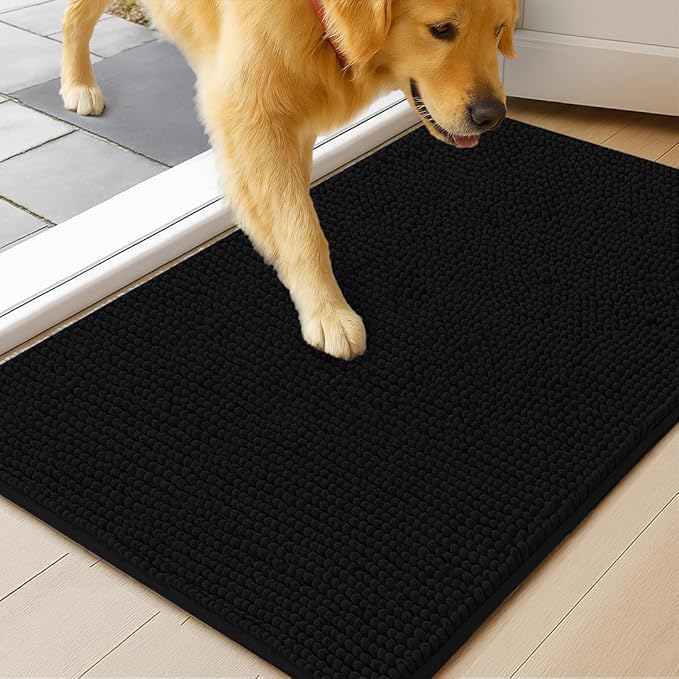 MUDGUARD MAT® Dog Door Mat for Muddy Paws, Super Absorbent Microfiber, Non-Slip Indoor Mat, Quick-Dry Chenille Rug for Pets & Entryway, Machine Washable, Black 24" x 60"