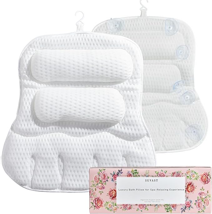 Bath Pillows for Tub, Full-Body Relaxation with Head, Neck & Shoulder Support, Ergonomic Design, 10 Suction Cups, Breathable 4D Air Mesh (White)
