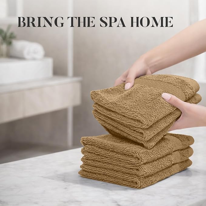 RIVERSIDE 12-Pack Premium 100% Cotton Tan Face Towels for Bathroom [12x12] - Reusable Luxury Face Wash Cloths for Showering - 550 GSM Super Soft & Absorbent Washcloths for Body, Spa & Gym