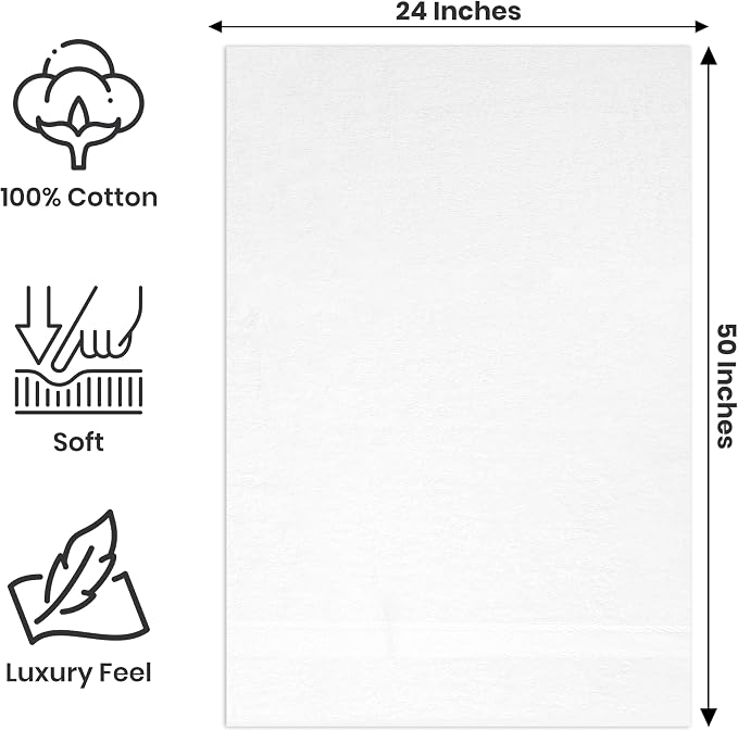 Bath Towels Bulk Set of 12 – 24" x 50" – 100% Cotton Terry, Soft, Quick-Dry & Highly Absorbent – White Towels for Bathroom, Spa, Gym, Hotel, Pool & Everyday Use