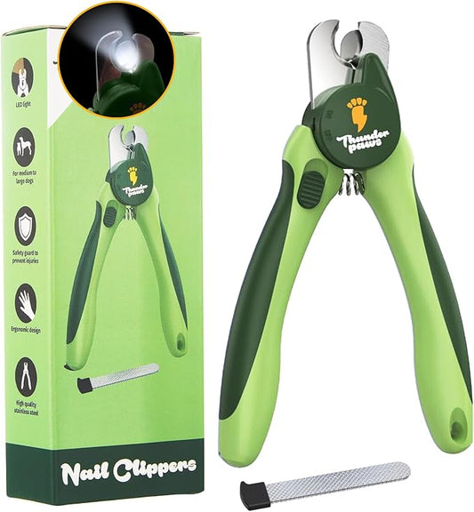 LED Dog Nail Clippers with Light Illumination, Trimmers with Protective Guard, Safety Lock and Nail File - Suitable for Large and Small Dogs & Cats (Green)