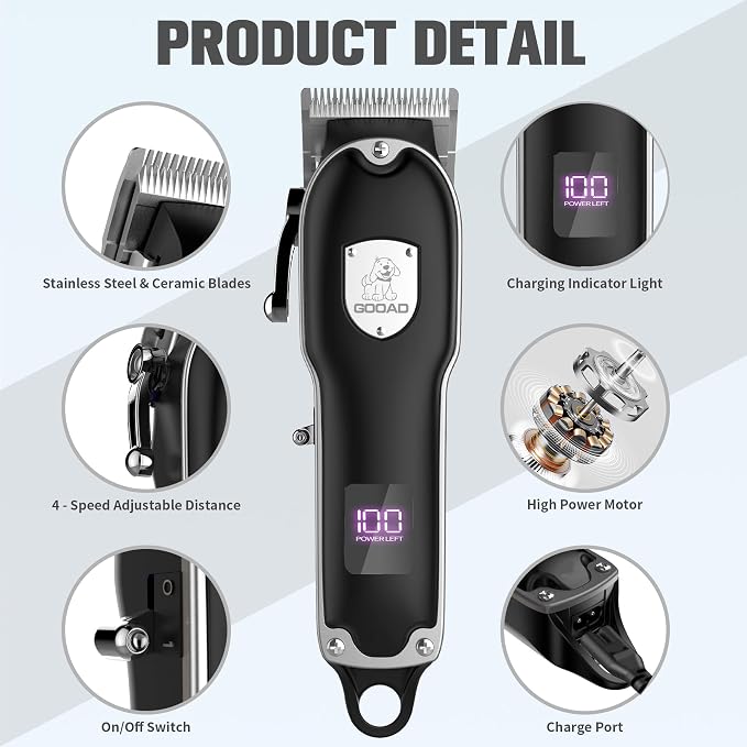 Dog Clippers for Grooming for Heavy Thick Hair&Coats,Low Noise Hair Trimmer,Rechargeable Cordless Pet Shaver with Stainless Steel Blade, Dog Grooming Kit for Small Large Dogs Pets (Black)