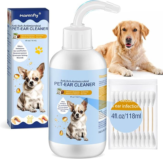 Ear Cleaner for Dogs and Cats 4 oz, Gentle and Non Irritating Dogs Ear Infection Treatment, Itch Relief Pet Ear Drops,Dog Ear Wash Removes Wax, Odor with 10 Cotton Swabs